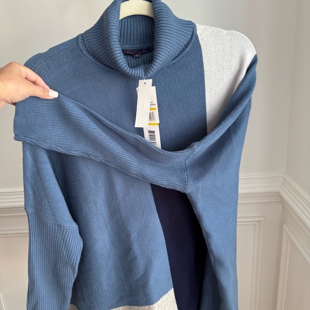 Nwt Joseph A Color Block Turtleneck Poncho Sweater Blue, White And Gray Size M. — image 8 of 8